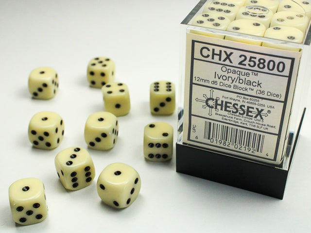 Opaque Ivory/black 12mm d6 Dice Block (36 dice) 25800