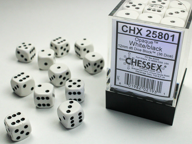 Opaque White/black 12mm d6 Dice Block (36 dice) 25801