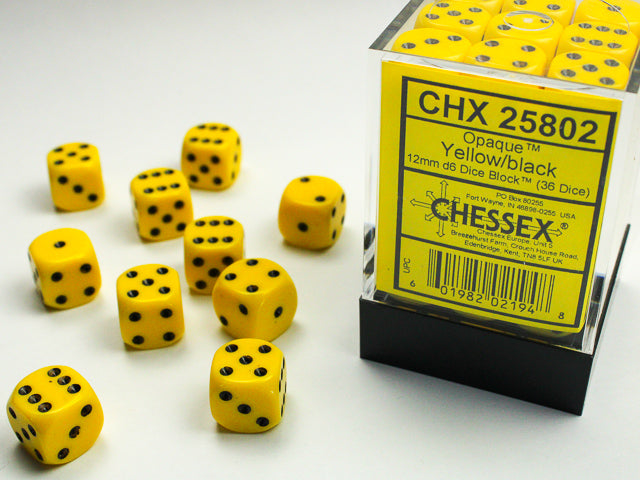 Opaque Yellow/black 12mm d6 Dice Block (36 dice) 25802