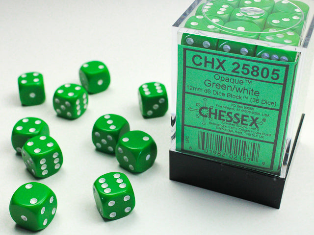 Opaque Green/white 12mm d6 Dice Block (36 dice) 25805