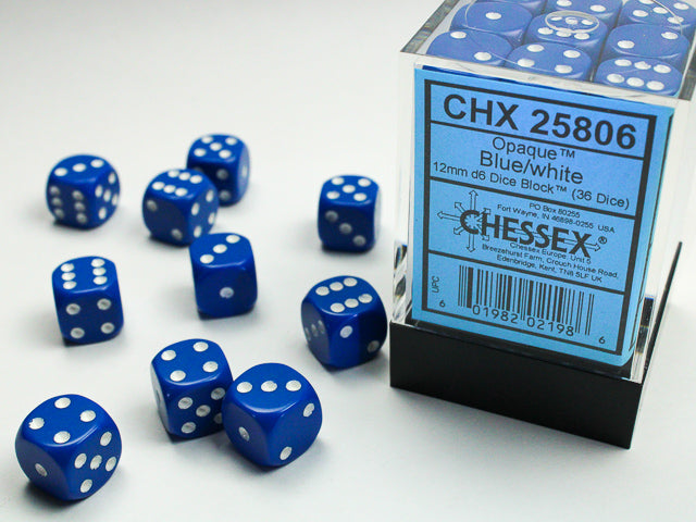 Opaque Blue/white 12mm d6 Dice Block (36 dice) 25806
