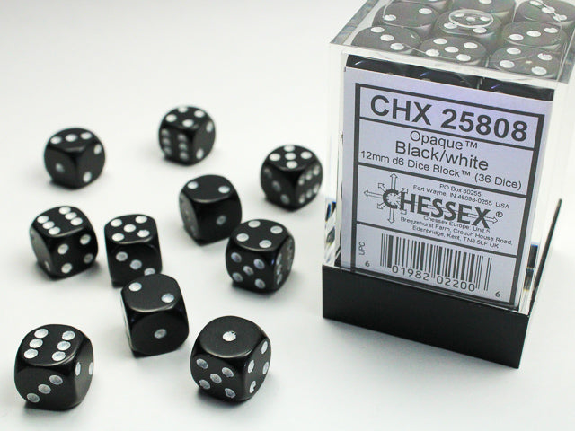 Opaque Black/white 12mm d6 Dice Block (36 dice) 25808