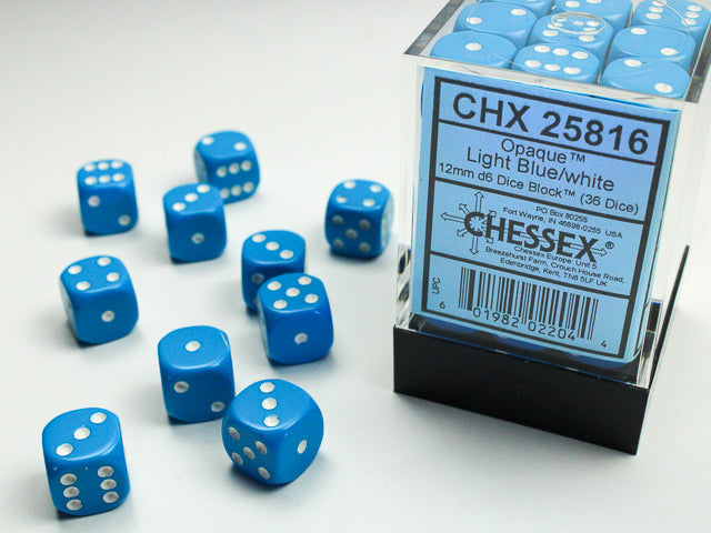Opaque Light Blue/white 12mm d6 Dice Block (36 dice) 25816