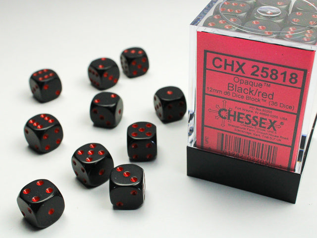 Opaque Black/red 12mm d6 Dice Block (36 dice) 25818