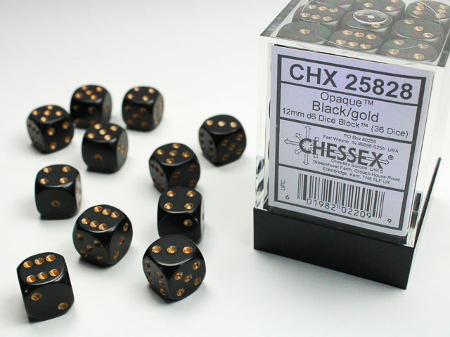 Opaque Black/gold 12mm d6 Dice Block (36 dice) 25828