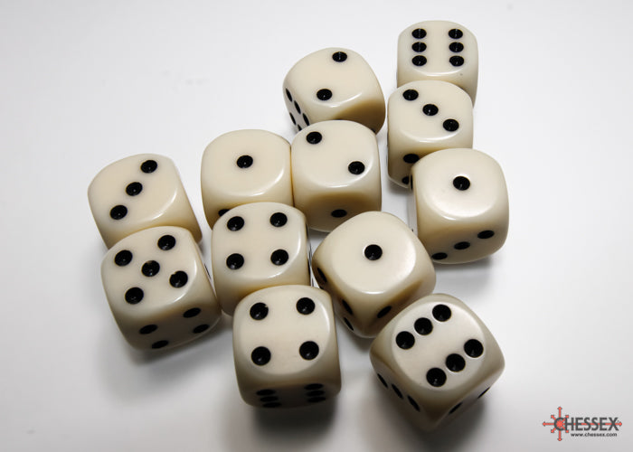 Opaque Ivory/black 16mm d6 Dice Block (12 dice) 25600