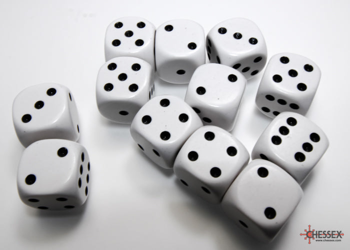 Opaque White/black 16mm d6 Dice Block (12 dice) 25601