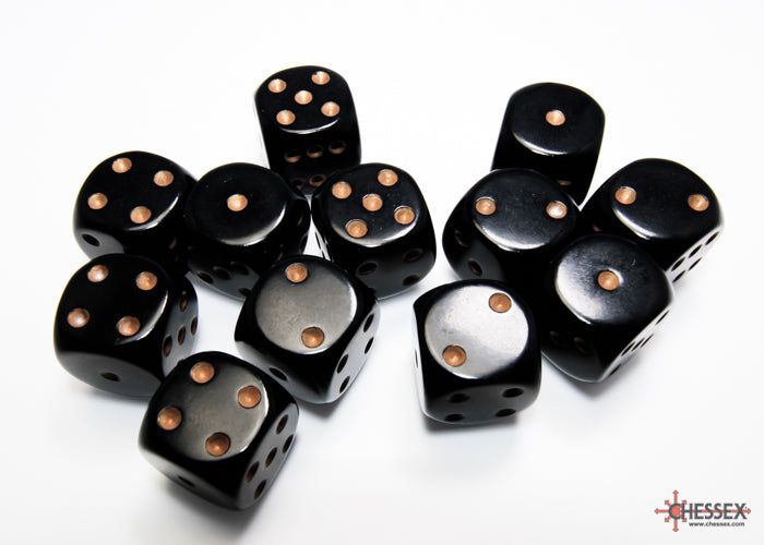 Opaque Black/gold 16mm d6 Dice Block (12 dice) 25628