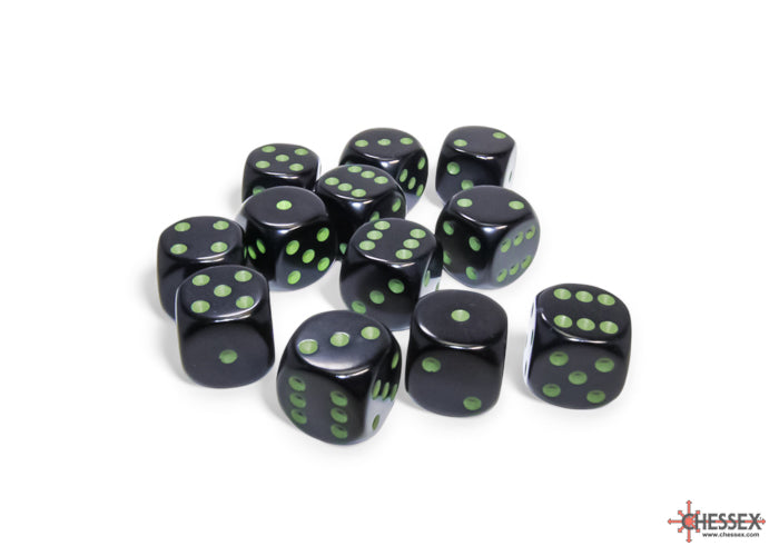 Opaque Black/green 16mm d6 Dice Block (12 dice) 25658