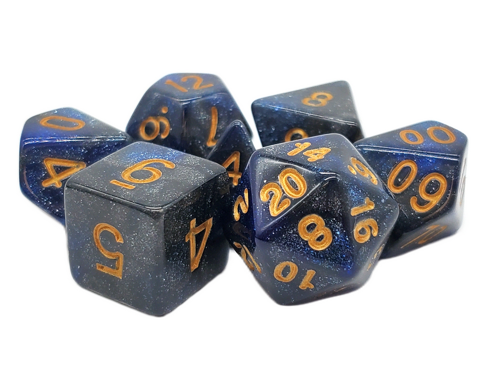 Old School 7 Piece DnD RPG Dice Set: Galaxy - Deep Blue & Black