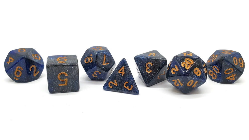 Old School 7 Piece DnD RPG Dice Set: Galaxy - Deep Blue & Black