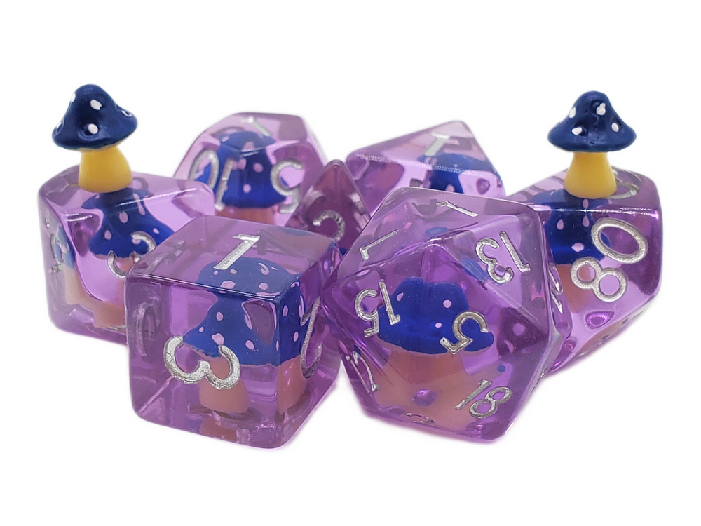 Old School 7 Piece DnD RPG Dice Set: Infused - Mushroom - Blue