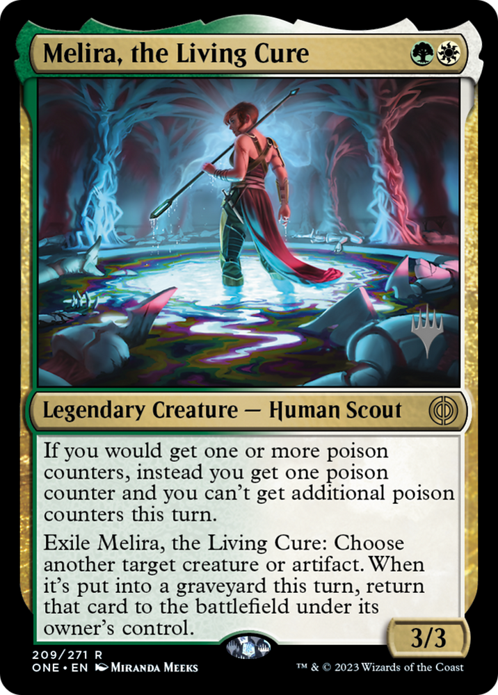 Melira, la cura viviente (paquete promocional) [Phyrexia: Promociones todos serán uno] 