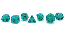 Old School 7 Piece DnD RPG Dice Set: Infused - Frosted Firefly - Cyan w/ Blue