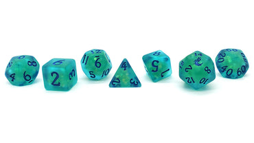 Old School 7 Piece DnD RPG Dice Set: Infused - Frosted Firefly - Cyan w/ Blue