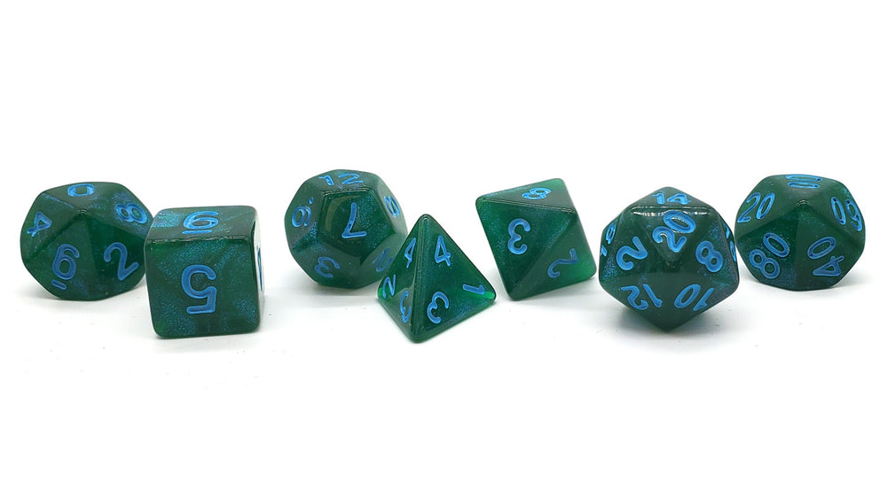 Old School 7 Piece DnD RPG Dice Set: Galaxy - Forest Green Shimmer