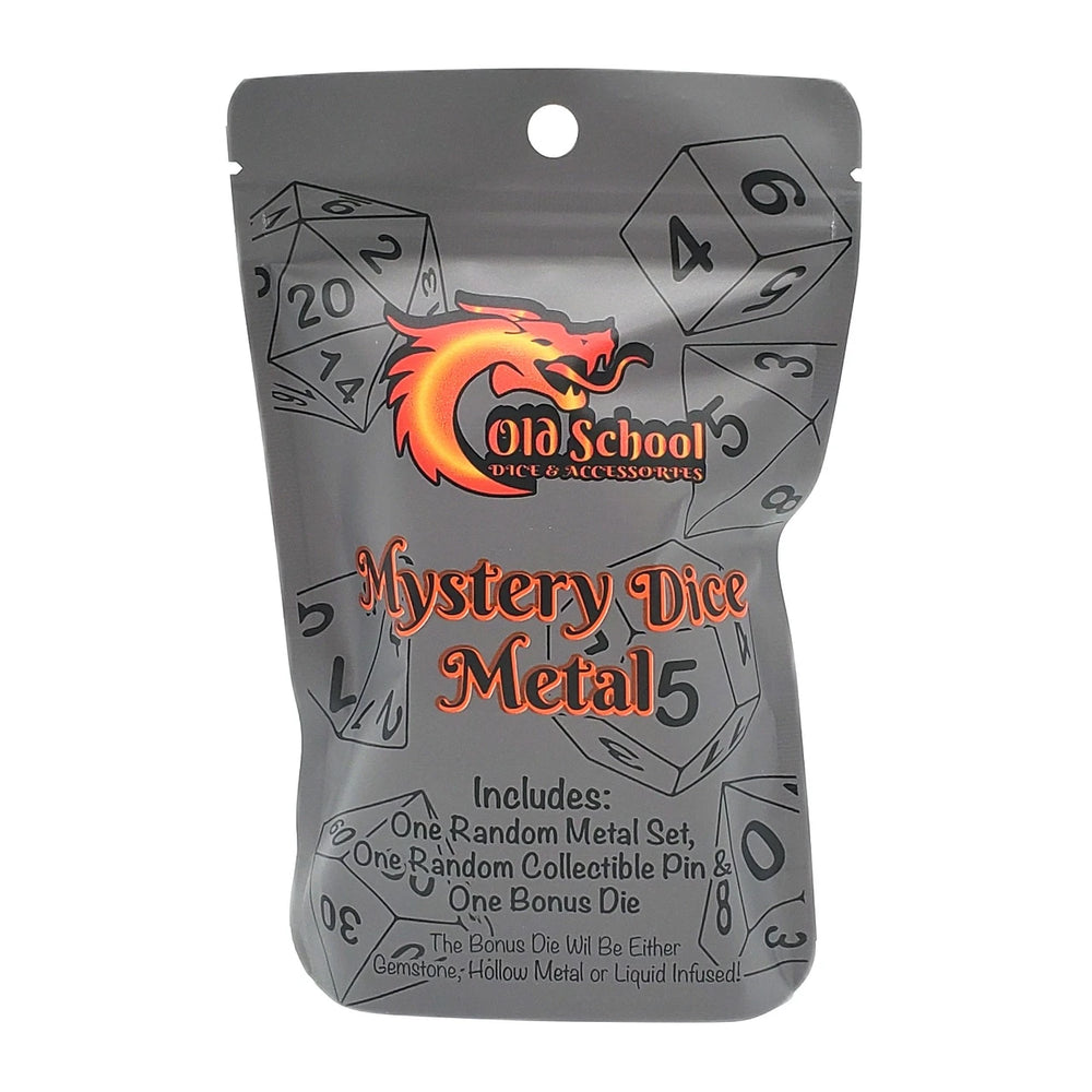 Old School Dice Mystery Dice Bag: 7-Piece Metal RPG Dice Set, Collectible Pin, and Bonus Premium Die