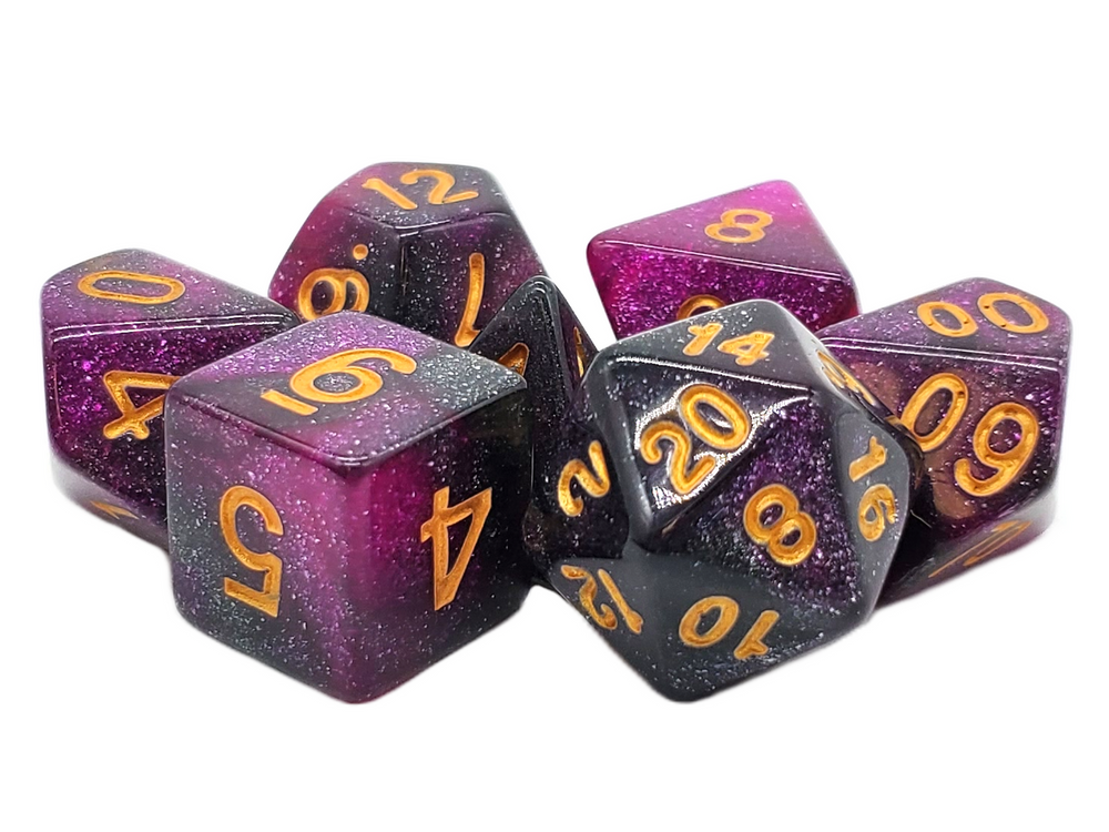 Old School 7 Piece DnD RPG Dice Set: Galaxy - Purple & Black