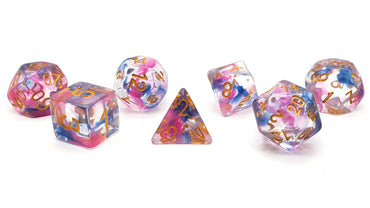 Old School 7 Piece DnD RPG Dice Set: Odyssey - Rose Red & Blue