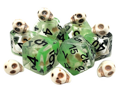 Old School 7 Piece DnD RPG Dice Set: Infused - Skull w/ Green