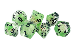 Old School 7 Piece DnD RPG Dice Set: Infused - Skull w/ Green