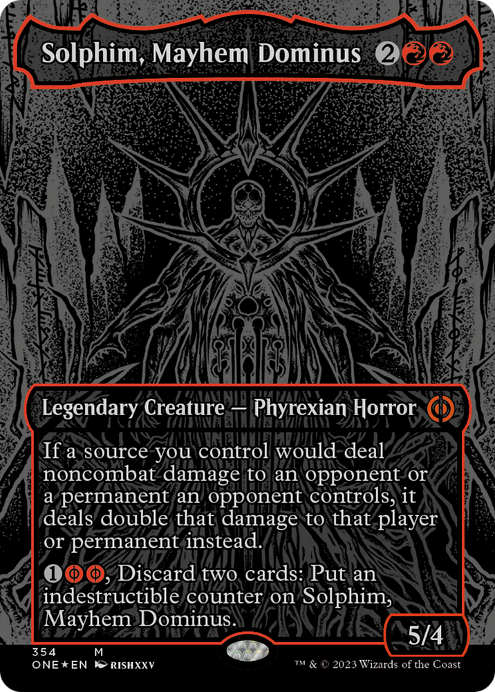 Solphim, Mayhem Dominus (lámina elevada de mancha de aceite) [Phyrexia: All Will Be One] 